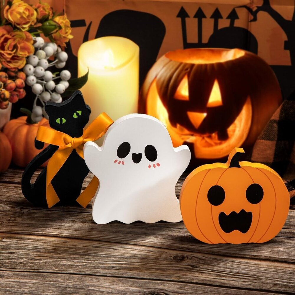 Cute Halloween Tiered Tray Decorations Indoor, Ghost Wooden Decor Pumpkin Blocks